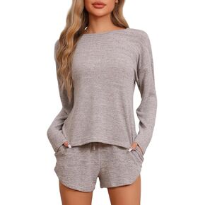 cheibear Womens Lounge Set Long Sleeve Elastic Waistband Top and Shorts Set Loungewear Sweatsuit with Pockets