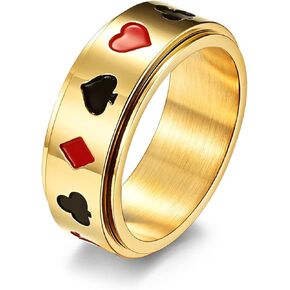 Stainless Steel Spinner Ring, Playing Card Spade Ace Poker Ring Fidget Band Ring for Women Men Engagement Ring Poker Spade Ace Gold Silver Black Size 7-11 (Gold, 10)