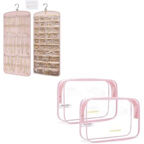 BAGSMART Hanging Jewelry Organizer with Clear Toiletry Bag, 2 Pack TSA Approved Carry on Travel Accessories Bag Airport Airline Quart Size Bags