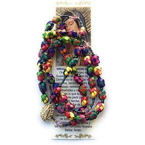 Handmade Our Lady of Guadalupe Virgin colored palm Rosary with Christian Catholic prayer Long Necklace Rosario de palma con dije de la Virgen de Guadalupe hecho a mano Religious Jewelry
