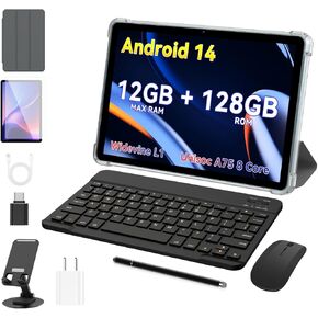 Android 14 Tablets,Unisoc A75 8 Core CPU.10 Inch Tablet.12GB RAM+128GB ROM(TF 1TB).Widevine L1 1280x800 IPS HD Touch Screen, 6000mAh, Three Cameras.Android Tablet with Bluetooth 5.0, WiFi