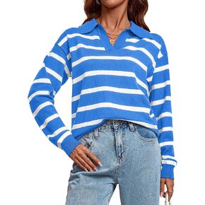 Women's Striped Long Sleeve Knit Tops Polo V Neck Knitted Pullover Casual Sweater Tops 2024 S-2XL