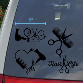 Hair Stylist Decal 4 Pack: Love, Heart, Comb and Scissors, Hair Life (Hairstylist Black, Large ~5")