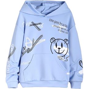 WDIRARA Boy's Cartoon Print Graphic Long Sleeve Sweatshirt Hoodie Reflective Top Light Blue 12Y