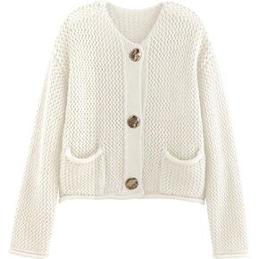 Chevara Women’s Cropped Cardigan Sweater Long Sleeve Crewneck Button Down Knit Sweater with Pockets