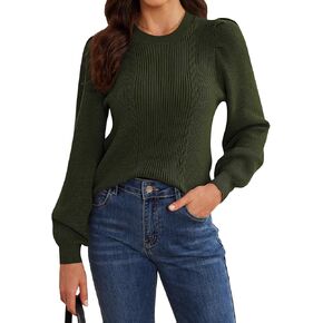 HVT Womens Puff Sleeve Crew Neck Cable Knit Sweater Lightweight Pullover Sweaters Casual Fall Loose Blouse