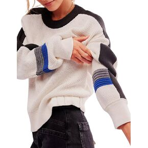 Crewneck Sweater Women Cozy Long Sleeve Ribbed Knit 2024 Fall Colorblock Pullover Sweaters Top Trendy Outfits