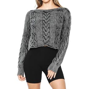 Women's Cable Knit Sweater - Cropped Top Mineral Washed Cotton Pullover, Long Sleeve
