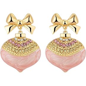 RareLove Pink Christmas Earrings Bow Christmas Stud Earrings for Women Pink Rhinestone Acrylic Holiday Earrings Alloy Plated
