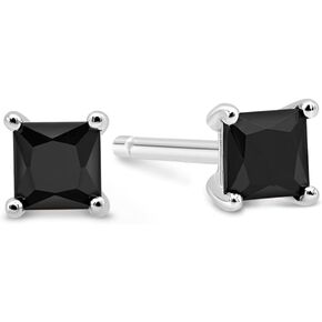 KEZEF Black CZ Stud Earrings for Men or Women, 14K White Gold, Yellow Gold, or Black Rhodium Plated Sterling Silver Studs, Princess Square Cut, 3-9mm, Hypoallergenic