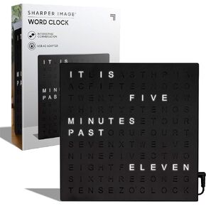 Sharper Image® LED Light-Up Word Clock, 7.75" Modern Design, Electronic Accent Wall or Desk Clock, USB Cord & Power Adapter, Unique Contemporary Home & Office Decor, Easy Setup, Housewarming Gift