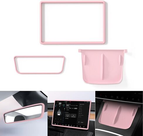 Center Console Wireless Charger Mat,Screen and Rearview Mirror Protector Frame,Anti-Slip Silicone Protector for Tesla 2021-2023 Model 3 and 2021-2024 Model Y Accessories(3 PCS Pink) in Saudi Arabia