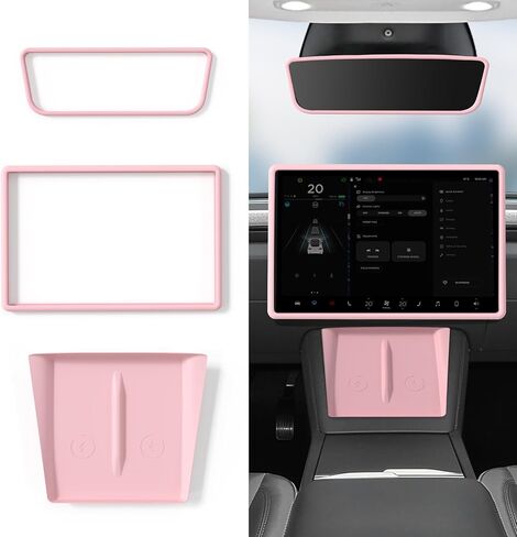 Center Console Wireless Charger Mat,Screen and Rearview Mirror Protector Frame,Anti-Slip Silicone Protector for Tesla 2021-2023 Model 3 and 2021-2024 Model Y Accessories(3 PCS Pink) in Saudi Arabia