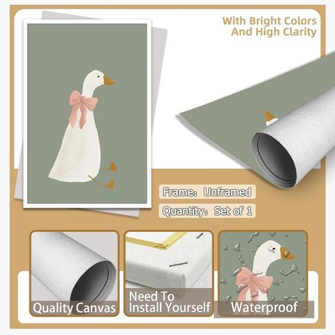 Cute Goose Posters Funny Silly Goose Wall Art Sage Green Nursery Decor Coquette Pink Bow Canvas Prints Farm Animal Aesthetic for Girl's Room Bedroom Dorm Bathroom Home Print 8x12in Unframed in Saudi Arabia