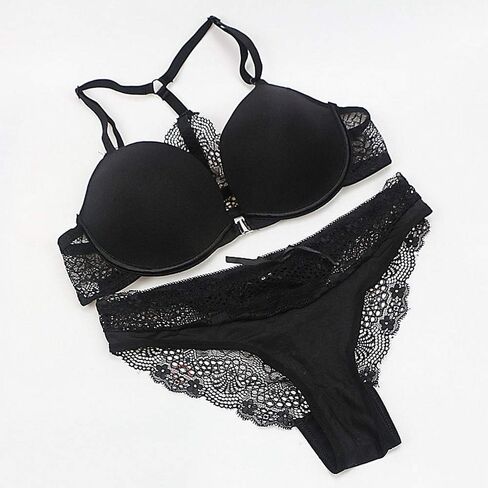 Swbreety Women's Sexy Lace Front Closure Y-Strap Push Up Seamless Bra Panty Set in Saudi Arabia
