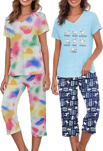Zando 2 Pack Womens Pajama Sets for Women 2 Piece Cotton Pajamas for Women Pjs Sets للنساء السيدات بيجامة in Saudi Arabia
