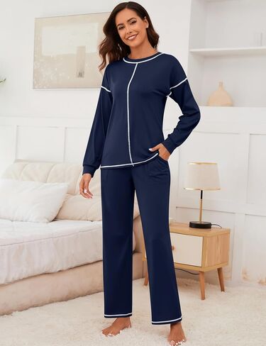 LOMON Pajama Sets for Women Cotton Long Sleeve Sleepwear 2 Piece Pjs Lounge Set with Pockets in Saudi Arabia