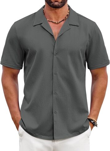 COOFANDY Mens Cuban Shirt Short Sleeve Casual Button Down Shirts Textured Summer Beach Top in Saudi Arabia