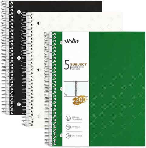 دفاتر ملاحظات ViVin الحلزونية، 3 عبوات، 3 موضوعات، 8.5 بوصة × 10.5 بوصة، مسطرة جامعية، 150 ورقة، غطاء بلاستيكي، 2 فواصل جيوب متحركة، أبيض، أخضر وأسود in Kuwait
