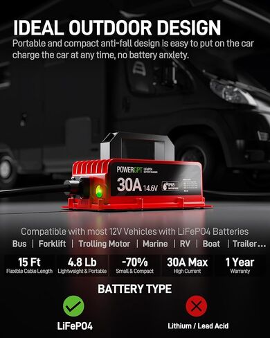 14.6V 30 AMP Lithium Battery Charger for 12V(12.8V) LiFePO4 Battery, IP65 Waterproof/Marine Onboard Battery Charger for 12 Volt Automotive Trailer RV SUV Motorbike Boats & All LFP Battery in Saudi Arabia
