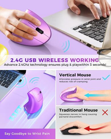 Lekvey Ergonomic Vertical Wireless Mouse, Rechargeable 2.4GHz Optical Ergo Mice with USB Receiver, 800/1200/1600 DPI, Cordless Carpal Tunnel Mouse for Laptop, Computer, PC - Gradient Pink Lavender in Saudi Arabia