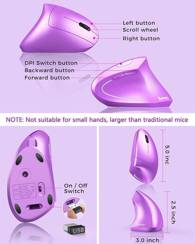 Lekvey Ergonomic Vertical Wireless Mouse, Rechargeable 2.4GHz Optical Ergo Mice with USB Receiver, 800/1200/1600 DPI, Cordless Carpal Tunnel Mouse for Laptop, Computer, PC - Gradient Pink Lavender in Saudi Arabia