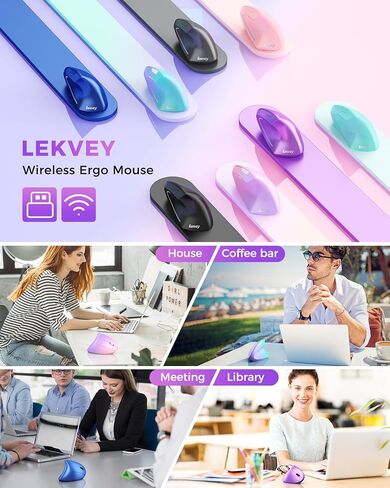 Lekvey Ergonomic Vertical Wireless Mouse, Rechargeable 2.4GHz Optical Ergo Mice with USB Receiver, 800/1200/1600 DPI, Cordless Carpal Tunnel Mouse for Laptop, Computer, PC - Gradient Pink Lavender in Saudi Arabia