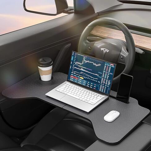 Car Laptop Desk, Foldable Car Tray Desk Compatible with Tesla Model Y Model 3 Car Accessories, Carbon Fiber Tray, Steering Wheel Eating Table, for Travel Remote Work Camping in Saudi Arabia