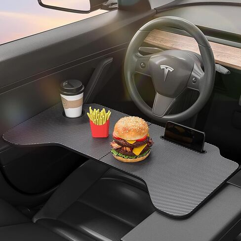 Car Laptop Desk, Foldable Car Tray Desk Compatible with Tesla Model Y Model 3 Car Accessories, Carbon Fiber Tray, Steering Wheel Eating Table, for Travel Remote Work Camping in Saudi Arabia