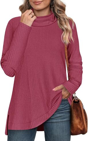 RITERA Women's Plus Size Waffle Tops Long Sleeve Turtleneck Sweater Shirts Knit Tunic Oversized Casual Pullover Blouse XL-5XL in Saudi Arabia