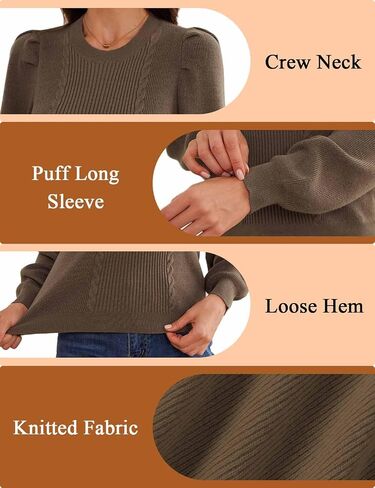 HVT Womens Puff Sleeve Crew Neck Cable Knit Sweater Lightweight Pullover Sweaters Casual Fall Loose Blouse in Saudi Arabia