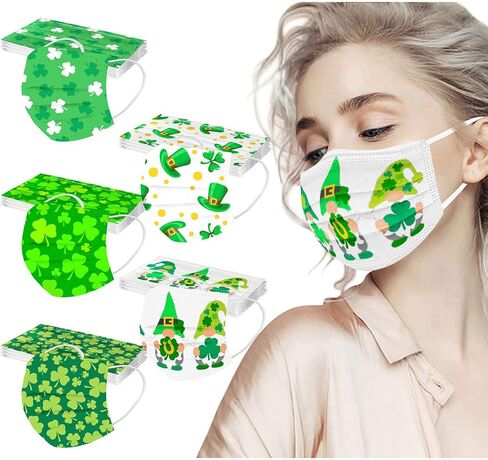 قناع عيد القديس باتريك 30 قطعة من أقنعة الوجه المطبوعة على شكل نبات النفل للبالغين للنساء والرجال، قناع بتصميمات البرسيم، قناع للعطلات in Kuwait