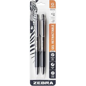 Zebra Pen G-402 Retractable Gel Pen, Stainless Steel Barrel, Fine Point, 0.5mm, Black Ink, 2-Pack
