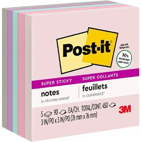 Post-it Super Sticky Recycled Notes, 3 in x 3 in, 6 Pads, 2x the Sticking Power, Bali Collection, Pastel Colors (Lavender, Apricot, Blue, Pink, Mint), 30% Recycled Paper (654-5SSNRP)