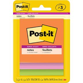 Post-it Super Sticky Notes, 3 Sticky Note Pads, 3 x 3 in., School Supplies, Office Products, Sticky Notes for Vertical Surfaces, Monitors, Walls and Windows, Energy Boost Collection