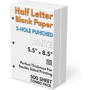 Half Letter Blank Paper, 3-Hole Punched, 250 Sheets/500 Pages, 100 GSM, Printer Paper Binder Refill, 5.5 in. x 8.5 in.
