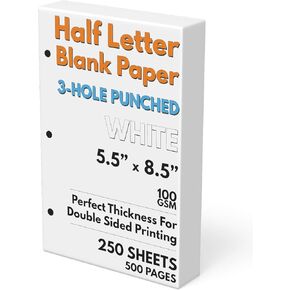 Half Letter Blank Paper, 3-Hole Punched, 250 Sheets/500 Pages, 100 GSM, Printer Paper Binder Refill, 5.5 in. x 8.5 in.