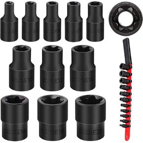 SEDY 11-Piece E-Torx Socket Set - Star Socket Set with Socket Rail, External Torx Socket with Socket Organizer, External Torx Socket Set, E4 E5 E6 E7 E8 E10 E12 E14 E16 E18 E20 Reverse Torx Socket Set