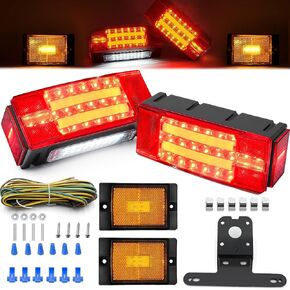 LED Submersible Trailer Tail Lights Kit, 12V LED Utility Boat Lighting w/Halo Glow, Brake Stop Turn Tail Wiring Kit for RV Camper Truck Snowmobile, IP68 Waterproof, DOT Compliance, Rectangular