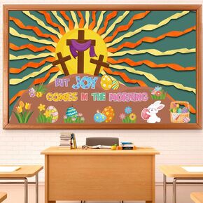 Pasimy 23 Pcs Easter Bulletin Board Decoration Easter Spring Classroom Bulletin Board Set Religious Jesus Egg Bunny But Joy Comes In the Morning Cutouts for Home School Classroom Decor