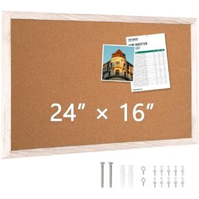 Cork Board 24" x 18" Wooden Frame Bulletin Board, Pin Cork Board for Wall Room Decoration Display Board for Home Office, 10 Pins