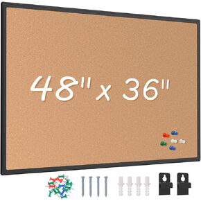 Board2by Bulletin Board 48 x 36, Black Aluminium Framed 4x3 Corkboard , Large Wall Mounted Notice Board with 18 Push Pins for School, Home & Office