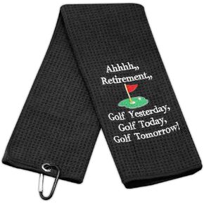 Ahhhh Retirement Golf Yesterday Golf Today Golf Tomorrow Embroidered Golf Towel with Clip Golf Gift for Men/Women (BK-White)