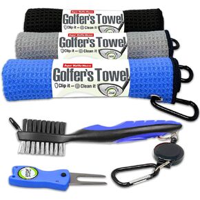 Fireball Golf Towel Gifts and Accessories Set (many colors) - 3 golf towels, golf divot tool, ball marker, and golf cleaning brush, golf gifts for men, women, children