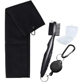 Golf Towels, Golf Towel and Brush Set, with Carabiner Clip Golf Towel and with Retractable Zip-line Golf Club Brush (Black)