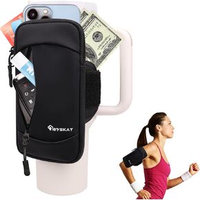 2 in 1 Upgrade Water Bottle Pouch-Tumbler Holder Carrier for Stanley Quencher 30oz 40oz Tumbler and water Resistant bag for Cell Phone Iphone 14 Pro Max Armband Pouch for Running Hiking