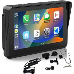 Portable Wireless Carplay & Android Auto for Motorcycle Navigator 5" IPS Touch Screen Waterproof Car Monitor for Motor Bike, Built-in Speaker Voice Control Dual Bluetooth Work with Headset 12-24V