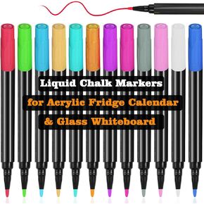 Liquid Chalk Markers for Acrylic Calendar for Fridge, Dry Erase Markers for Clear Acrylic Dry Erase Board for Refrigerator,12 Vibrant Colors, Easy Wet & Dry Erase