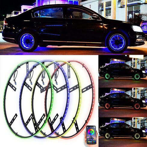 أضواء عجلة RGB LED مقاس 15.5 بوصة - 4 حلقات متعددة الألوان أضواء نيون مقاومة للماء مع وضع الموسيقى للتحكم في التطبيق in Kuwait