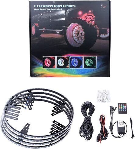 أضواء عجلة RGB LED مقاس 15.5 بوصة - 4 حلقات متعددة الألوان أضواء نيون مقاومة للماء مع وضع الموسيقى للتحكم في التطبيق in Kuwait